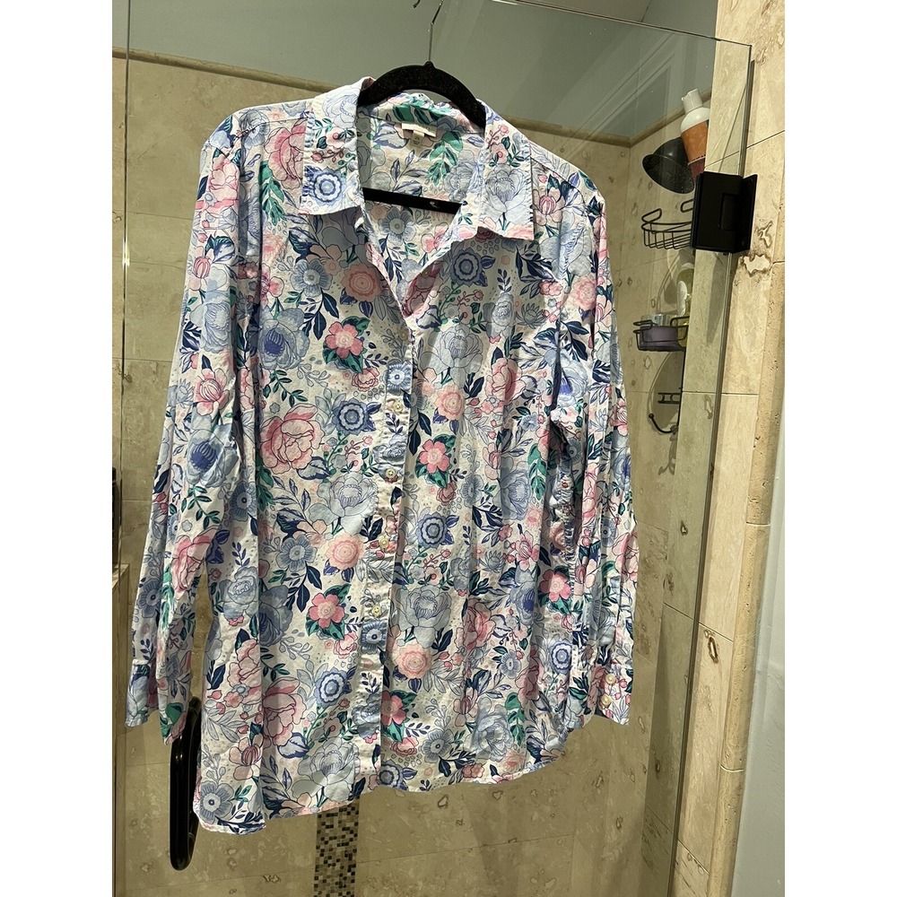 Talbots Women Pink White Blue Floral Button-Down Shirt 2X Plus Boho Long Sleeve